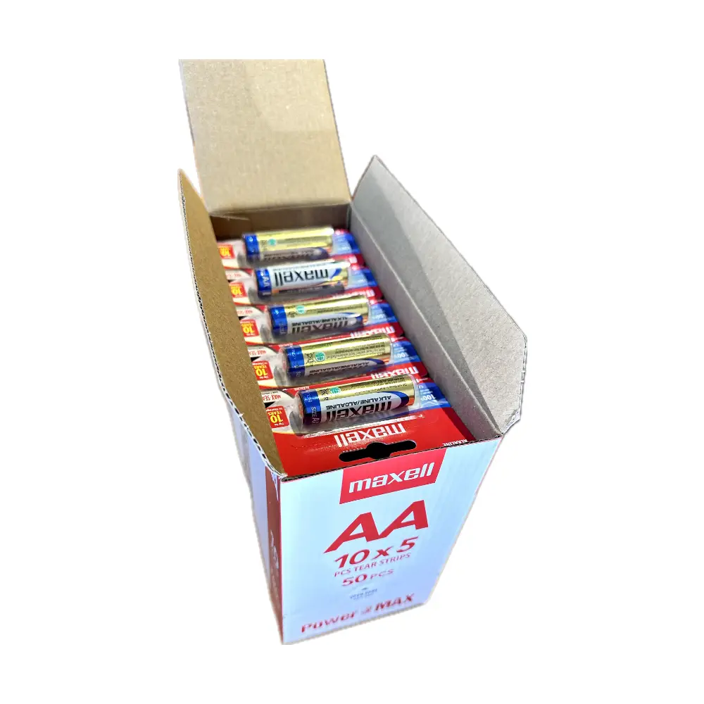 Caja new 50 Pilas AA Maxell alcalinas prepicadas blíster 5 open ok Caja 50 Pilas AA Maxell alcalinas prepicadas blíster 5